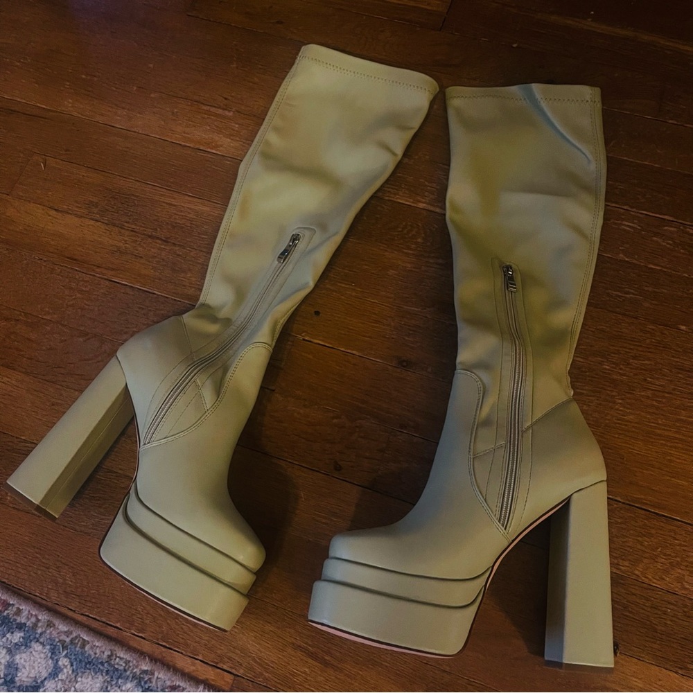 Platform Knee High Boots Square Toe Chunky Heel platform Boots with Side Zipper